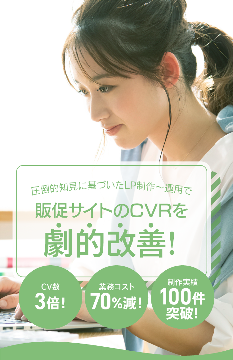 圧倒的知見に基づいたLP制作～運用で販促サイトのCVRを劇的改善！ CV数3倍！業務コスト70%減！制作実績100件突破！