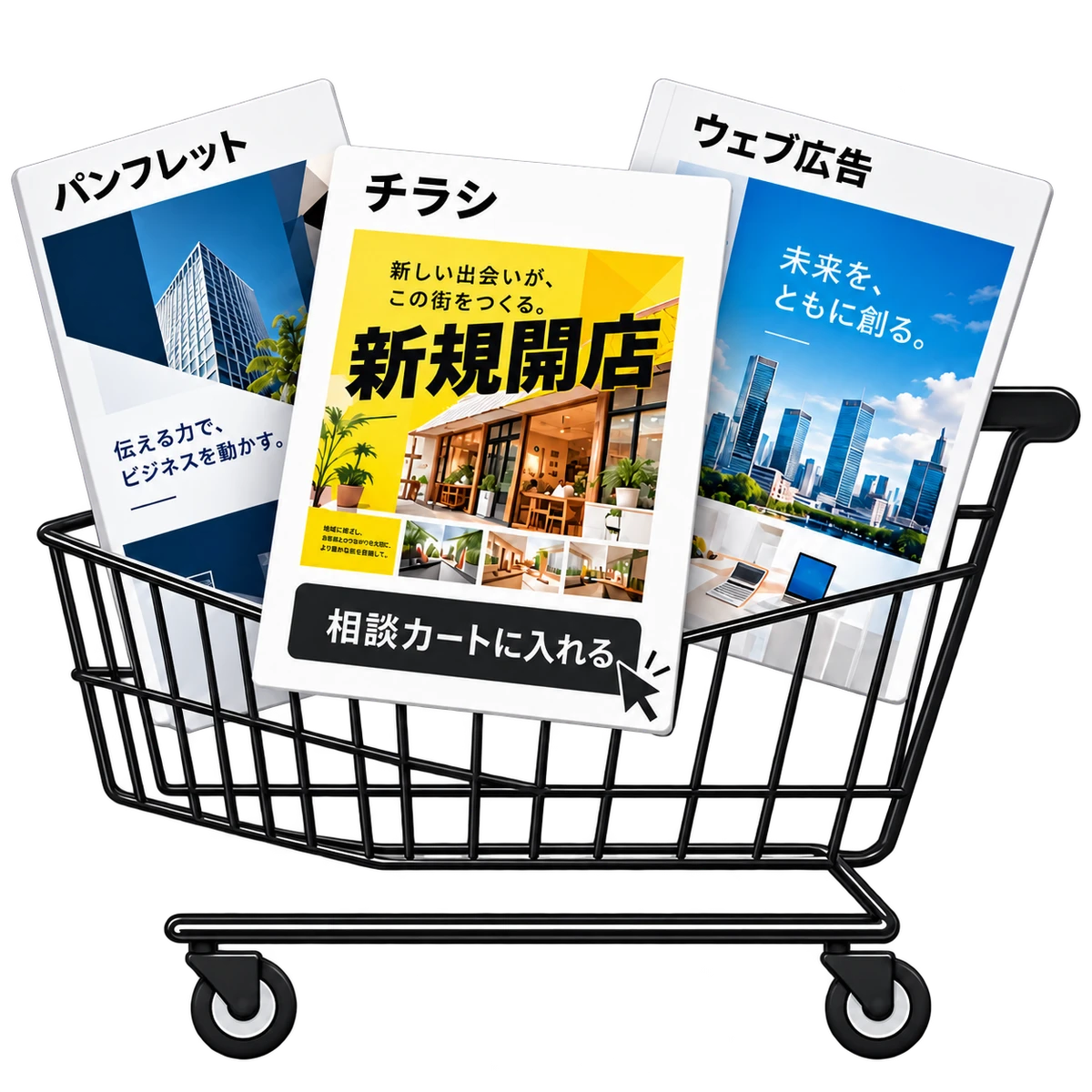 パンフレット、チラシ、Web広告を載せたショッピングカート。広告をネット通販のように選べます。