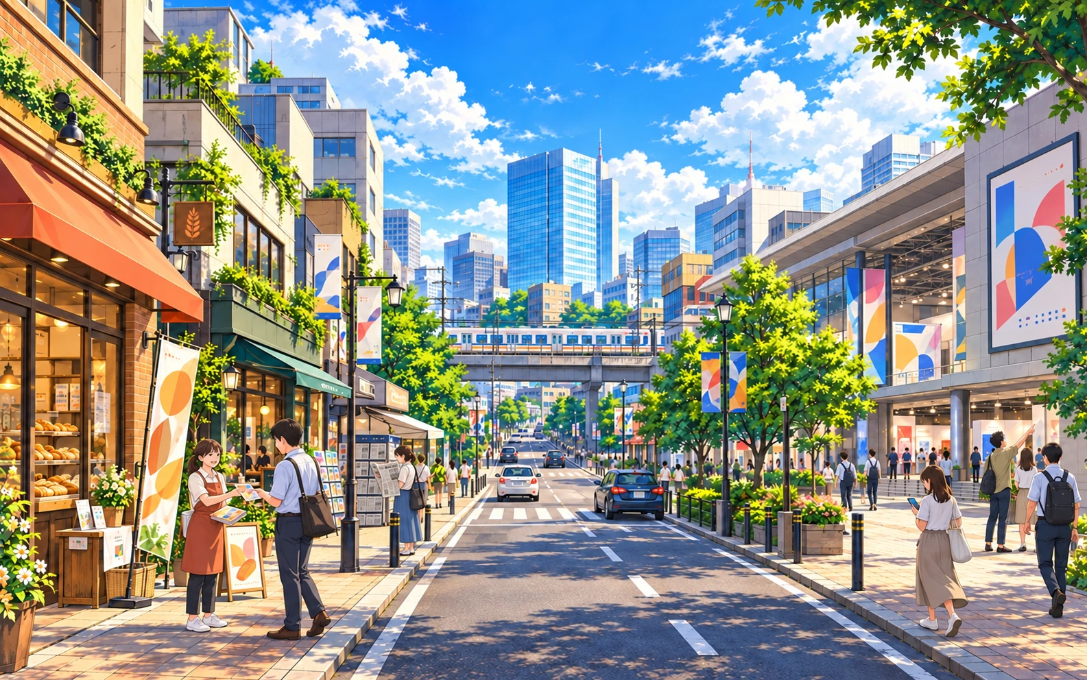 ベーカリーでチラシを手渡す店員、店頭のパンフレット、見開きの新聞を読む人、ポスターを見上げる人、展示会場へ入る来場者、スマートフォンで広告を見る人がいる街。