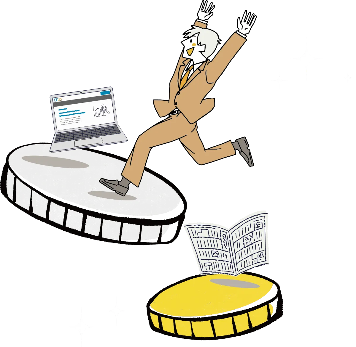 制作物とともに飛び跳ねる男性のイラスト